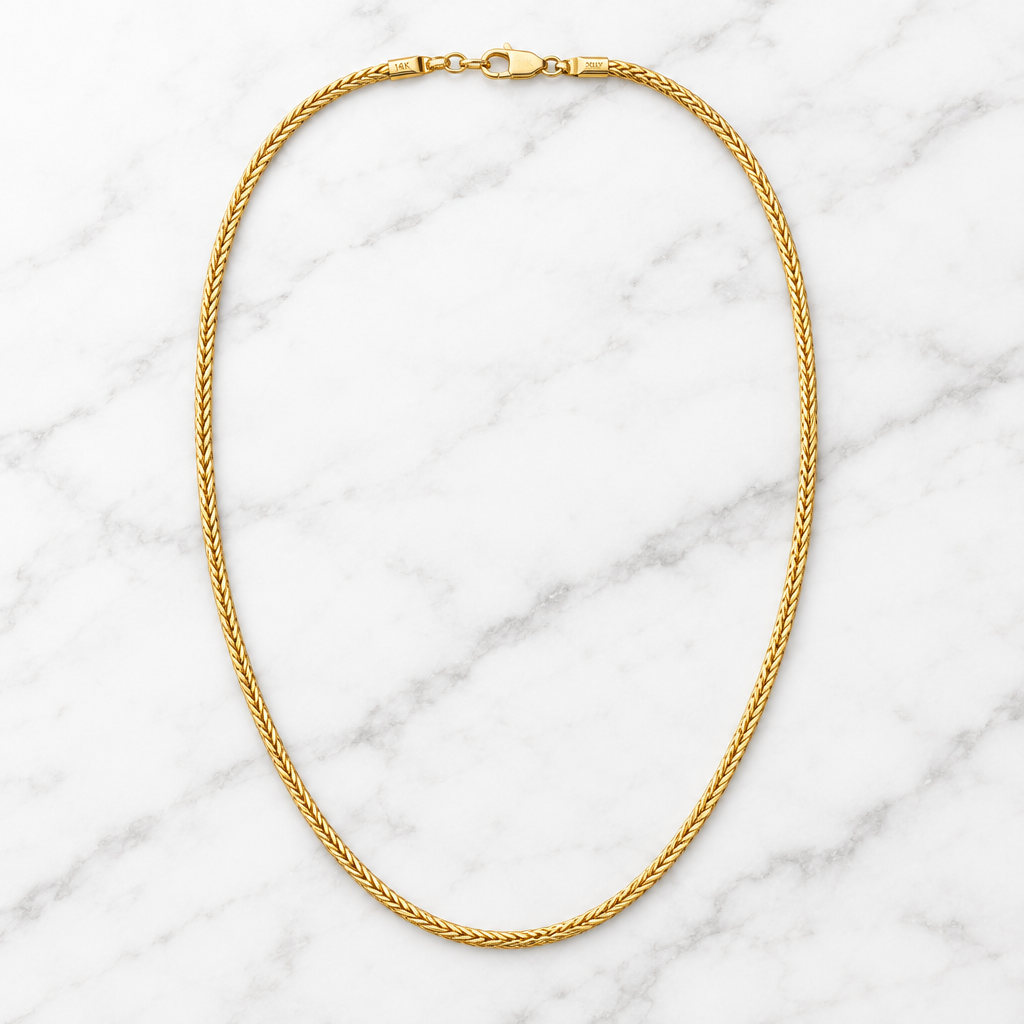 14K Italian Yellow Gold Braided Wheat Chain Necklace